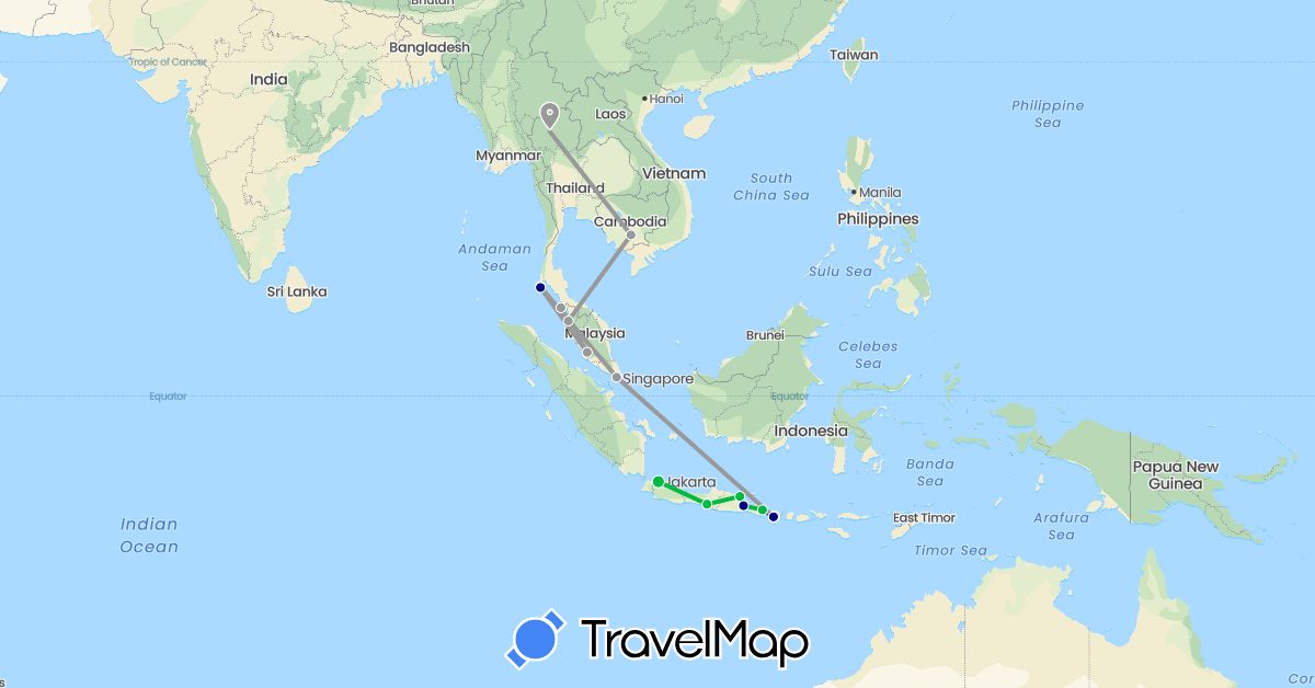 TravelMap itinerary: driving, bus, plane in Indonesia, Cambodia, Malaysia, Singapore, Thailand (Asia)